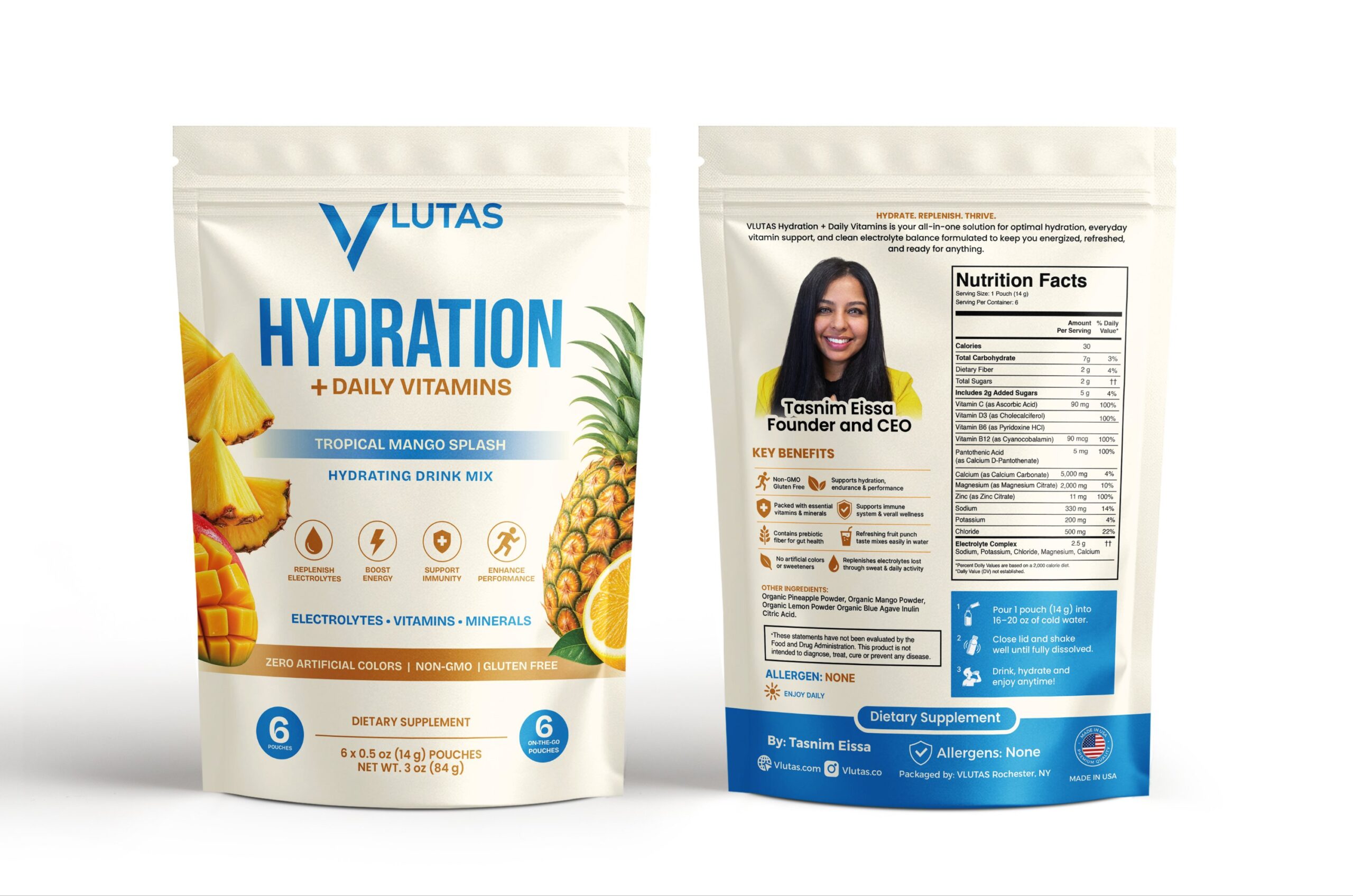 VLUTAS Hydration + Daily Vitamins Electrolyte Drink pouch